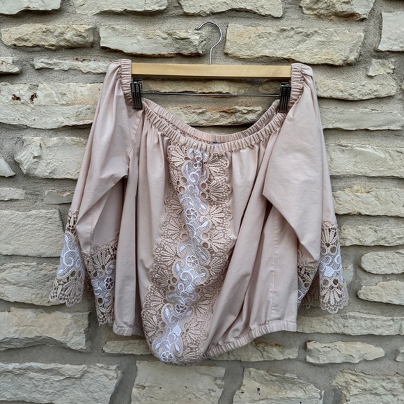 Express Tops - Express Blush Lace Off-Shoulder Blouse XL Appliqué